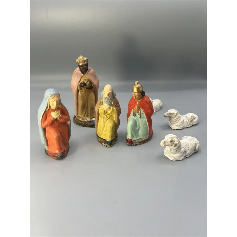 Vtg German Papier-Mâché Nativity 7 Pieces Christmas Lambs Magi Mary Old w/ Wear